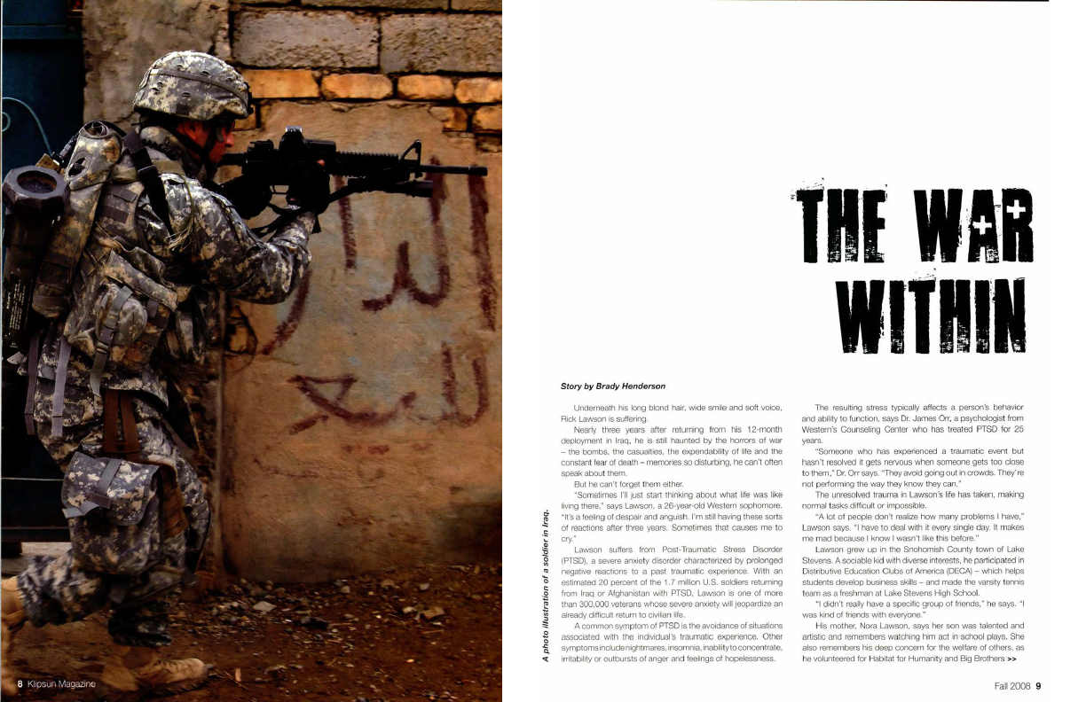 Klipsun Magazine layout of "The War Within" that was published in 2008 in Klipsun magazine.