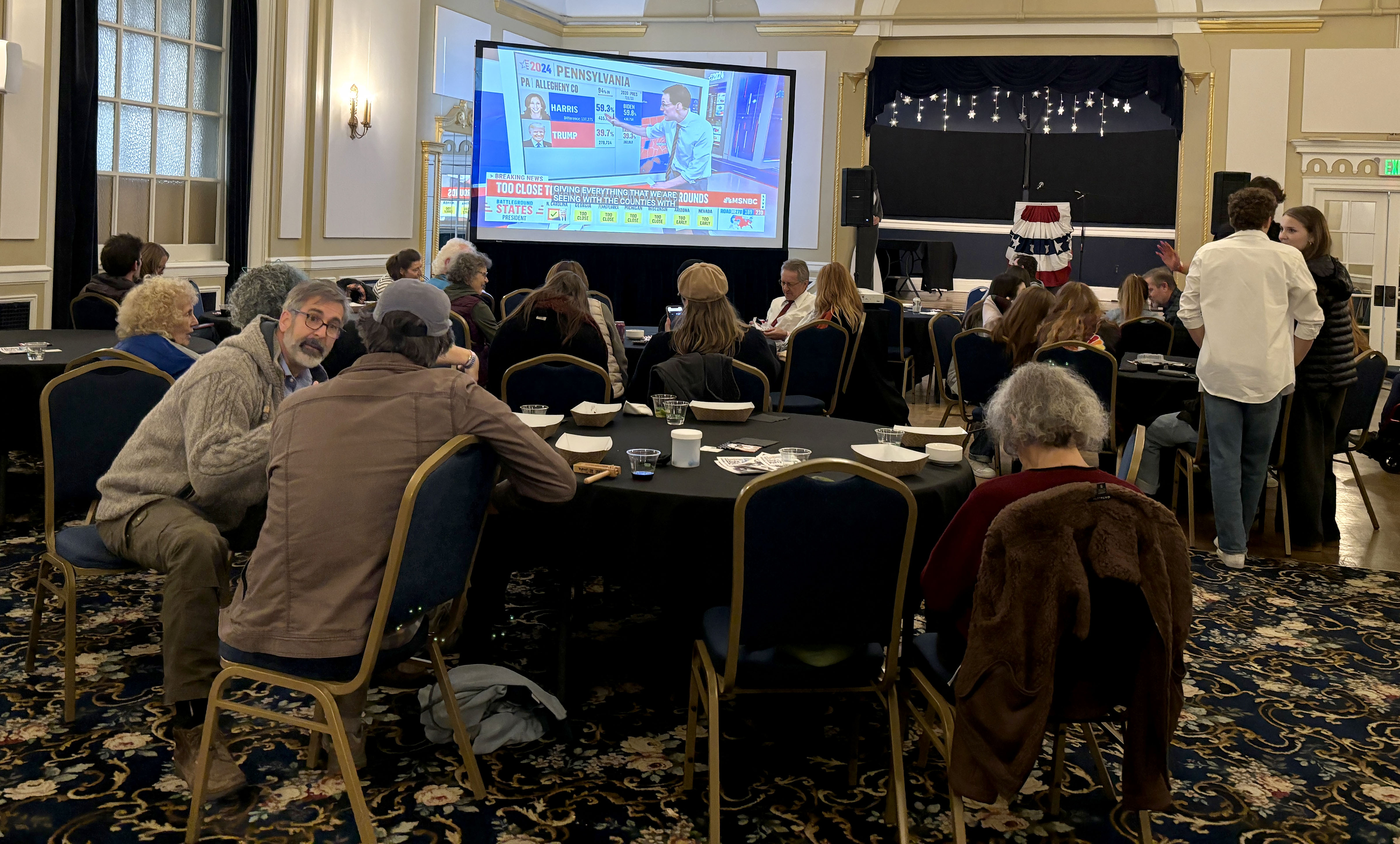 Bellingham City Council Member Michael Lilliquist talks with voters during the election watch part at the Hotel Leo in Bellingham, Wash., on Nov. 5, 2024. // Photo by Sophie Cadran